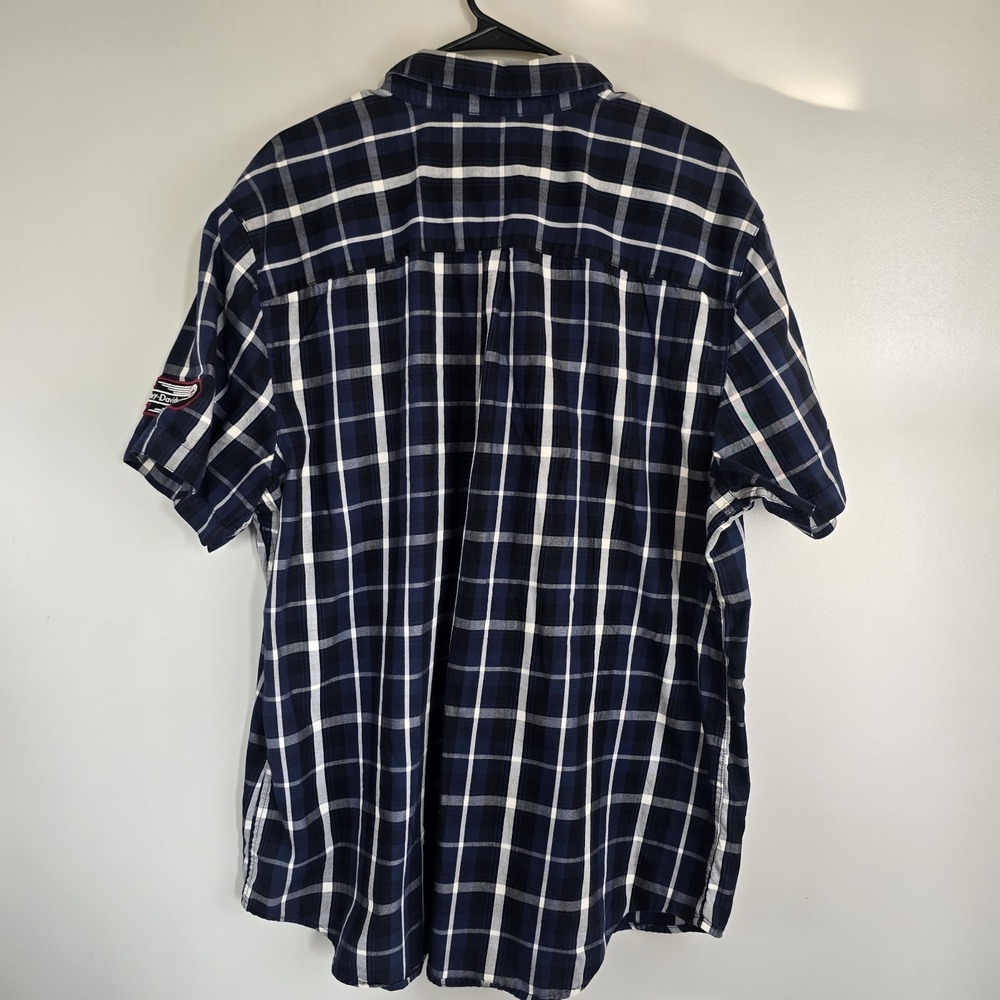 Harley Davidson Navy Multi-Patch Plaid Mechanic Short Sleeve Shirt Slim 2XL.D131 - Picture 2 of 13